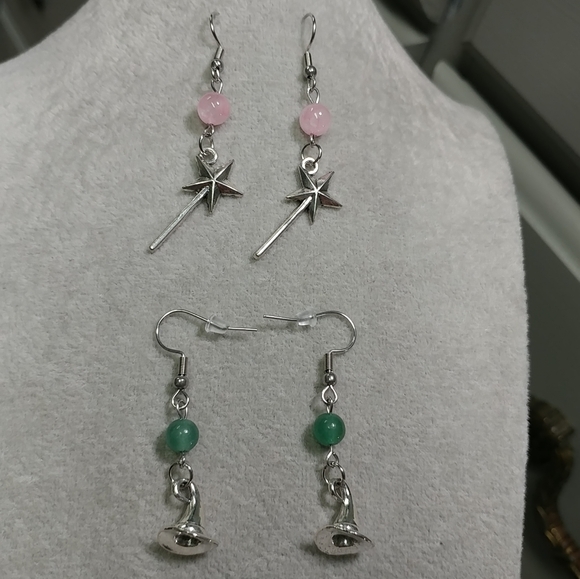 Gemstone Witch Hat Earrings Rose Quartz Aventurine Wand Earrings Stainless-Steel - Picture 7 of 9